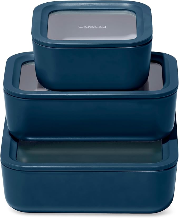 Caraway 3pc Glass Food Storage Set – 10 Cup, 6.6 Cup, & 4.4 Cup Food Containers - Ceramic Coated - Non Toxic Non Stick Lunch Box with Glass Lids - Dishwasher, Oven, & Microwave Safe - Navy