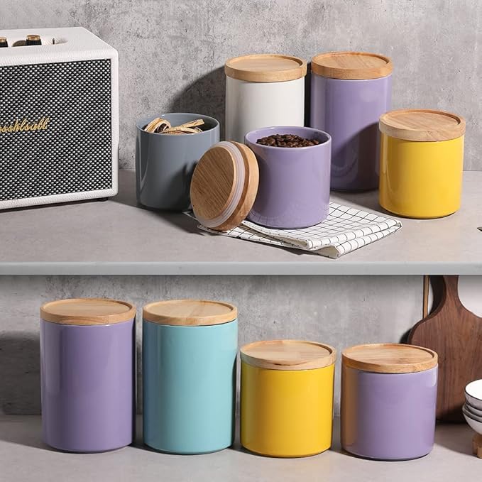 Sweejar Ceramic Food Storage Jar, Stackable Kitchen Canisters, Containers with Airtight Seal Wooden Lid for Serving Coffee Grounds, Coffee Bean, Flour, Tea, Spice and More - 39 Fl Oz (Purple)