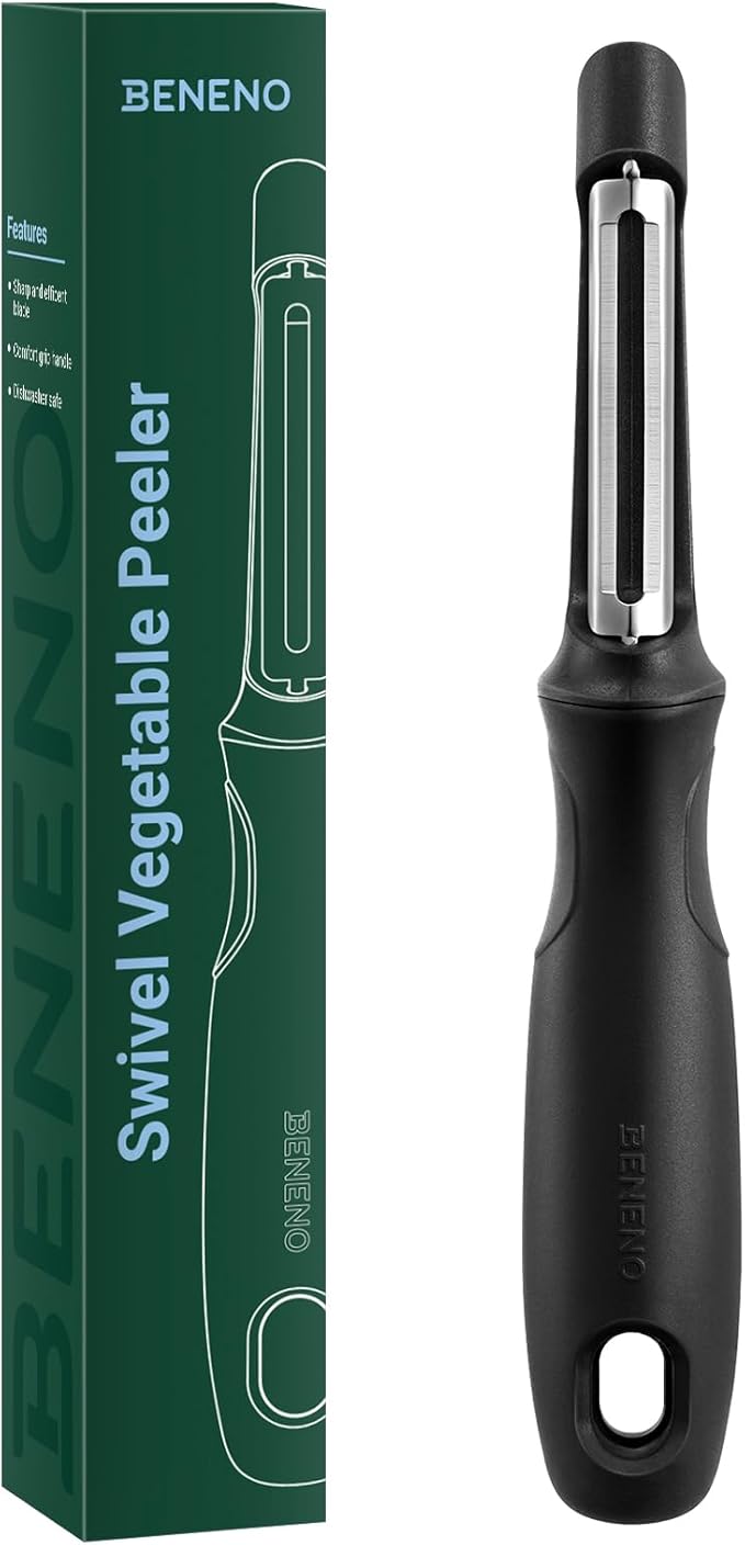 Beneno Swivel Vegetable Peeler, Razor-Sharp Smooth Peeling Potato Peelers with Stainless Steel Blades, Ergonomic Comfort Non-Slip Rubber Handle, Durable Kitchen Peelers with Potato Eye Remover, Black
