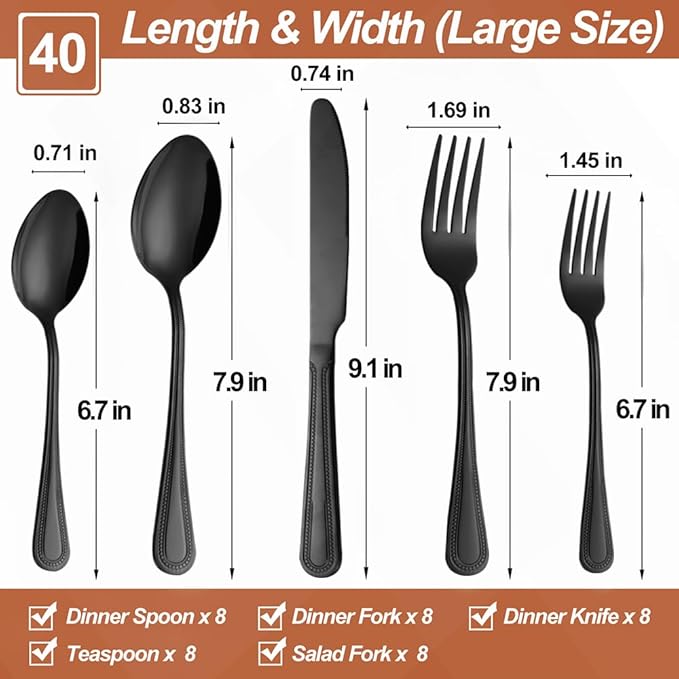 40 Pcs Black Silverware Set for 8 with Pearled Edge Handle design, Food Grade Stainless Steel Flatware Set, Eating Utensils Sets Include Fork/Knife/Spoon, Reusable Cutlery Set, Dishwasher Safe