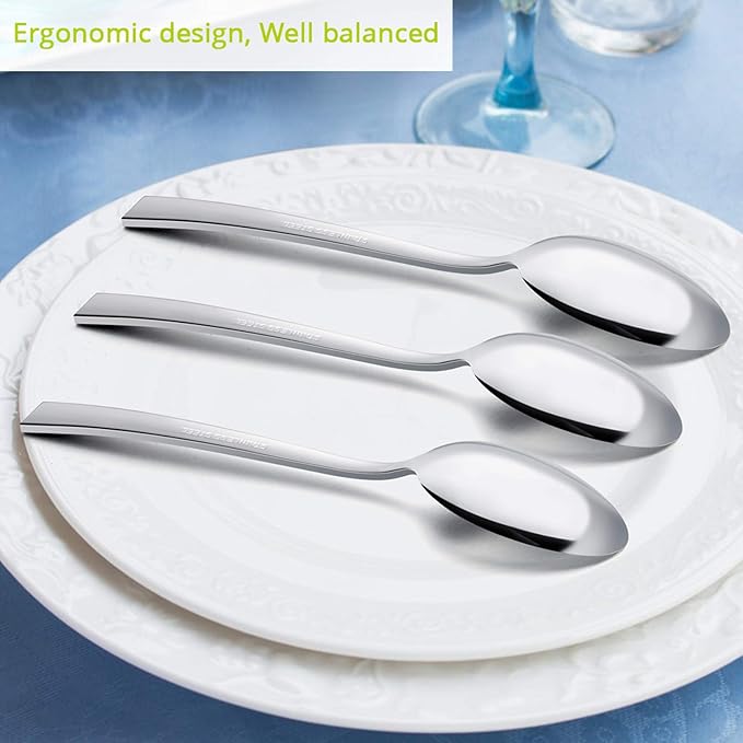Dinner Spoons Set of 6, E-far 7.9 Inch Stainless Steel Soup Spoons Tablespoons for Home, Kitchen or Restaurant, Non-toxic & Mirror Polished, Squared Edge & Dishwasher Safe