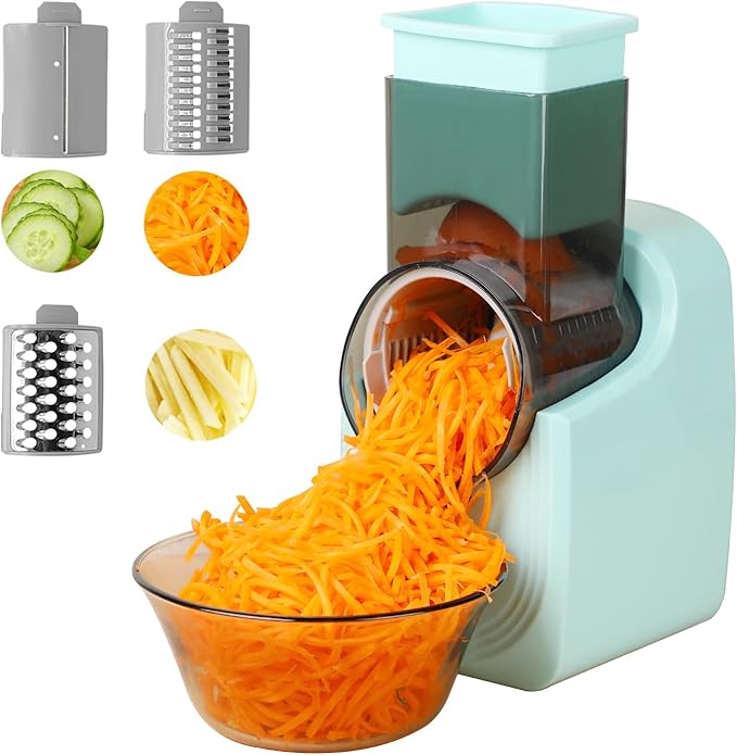 Electric Vegetable Slicer, Salad Shooter, 3-in-1 Electronic Fruit Shredder, Cheese Grater for Home Kitchen Use, Electric Grater with 3 Type Blades Stainless SteelA