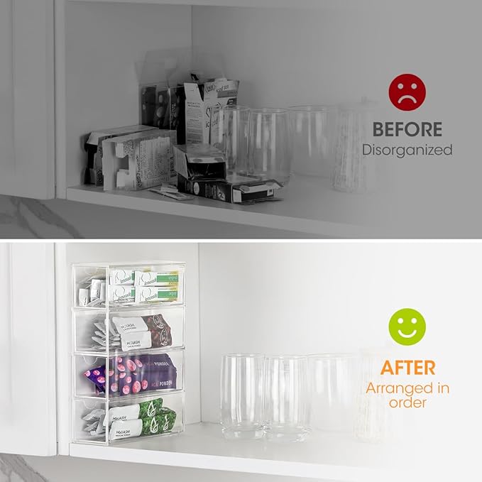 AIEVE Drink Packet Organizer, Drink Mix Holder with 4 Clear Drawers, Acrylic Water Flavor Packets Container, Kitchen Storage Organizers for Pantry Home Organization