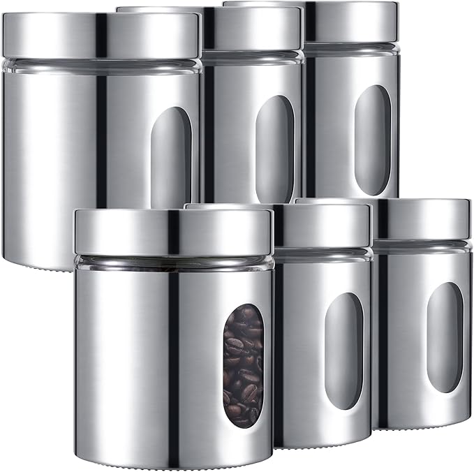 Mimorou 6 Pack Kitchen Canisters Set Airtight Coffee Sugar Tea Candy Storage Jars with Window Glass Stainless Steel Containers with Lids for Flour Cookies Spices Grains Kitchen Decorations(20 oz)