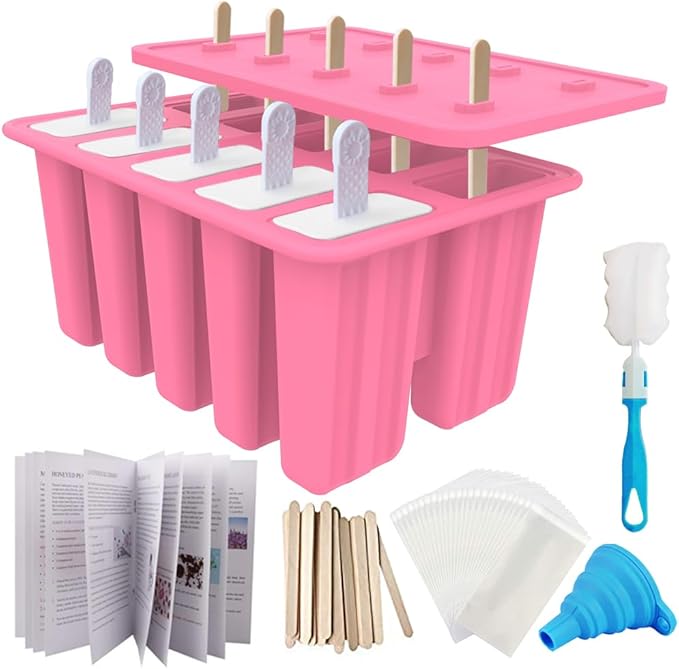 Miaowoof Homemade Popsicle Molds, 10-Cav Non-BPA Silicone Ice Pop Maker, with 50 Sticks, 50 Bags, 10 Reusable Sticks, Funnel, Brush and Ice Pop Recipe (Pink)