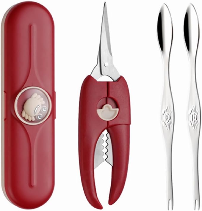 ACCUFINE Crab Crackers and Tools Red in Case Set for Party Crab Scissors for Cutting the Shell Lobster Crackers and Picks SetS with Carrying Case Seafood Scissor Shrimp (red)
