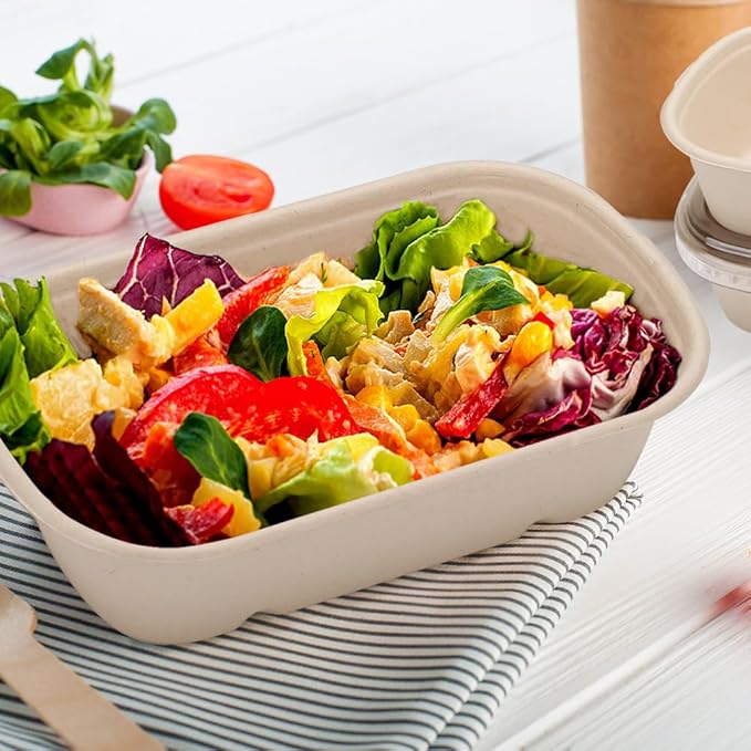 Aksipo 50 Pack 29 Oz Disposable Meal Prep Containers with Lids, Rectangle Paper Bowls with Lids for Salad,Leftovers, Leak-proof To Go Box Cardboard Lunch Box Compostable Take Out Food Containers