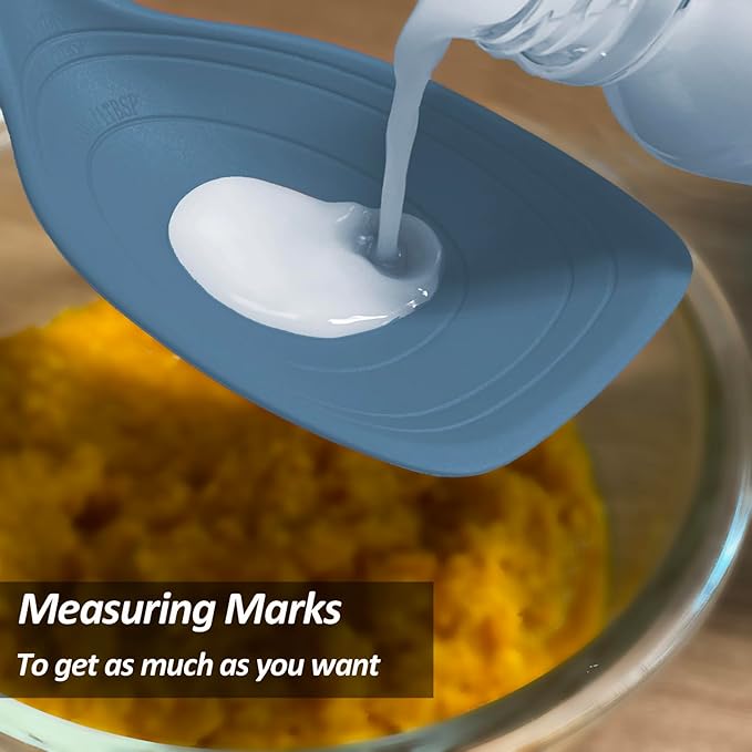 Large Silicone Cooking Spoon, Non-Stick Solid Spoon set with Deep Bolw and Measurement Mark for Mixing, Serving, Draining, Scooping, Scraping, Heat Resistant Kitchen Utensils, Starry Blue