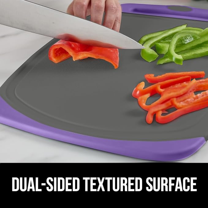 GORILLA GRIP BPA-Free Reversible Kitchen Cutting Board Set of 3, US Designed, Nonporous, Juice Grooves Catch Liquid, Slip Resistant Border, Dishwasher Safe, Durable Food Chopping Boards, Purple Gray