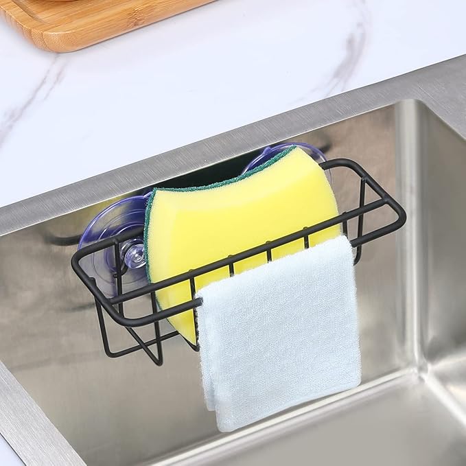 TESOT Sink Caddy Sponge Holder for Kitchen Sink Dish Cloth Hanger 2 Suspension Options(Suction Cups and Adhesive Hook), SUS304 Stainless Steel, Black