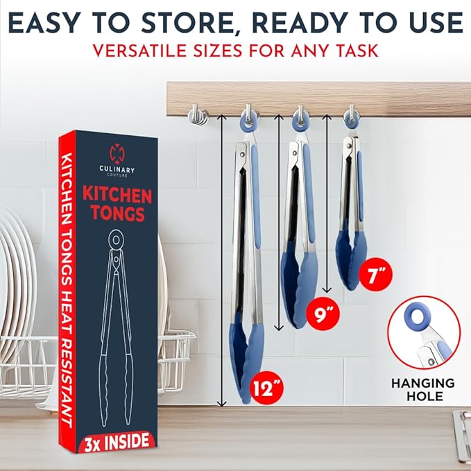 Kitchen Tongs for Cooking with Silicone Tips, Heat Resistant Tongs for Serving Food, 7-Inch, 9-Inch, 12-Inch Locking Silicone Tong, Set of 3 Salad Tong, Blue Kitchen Utensils