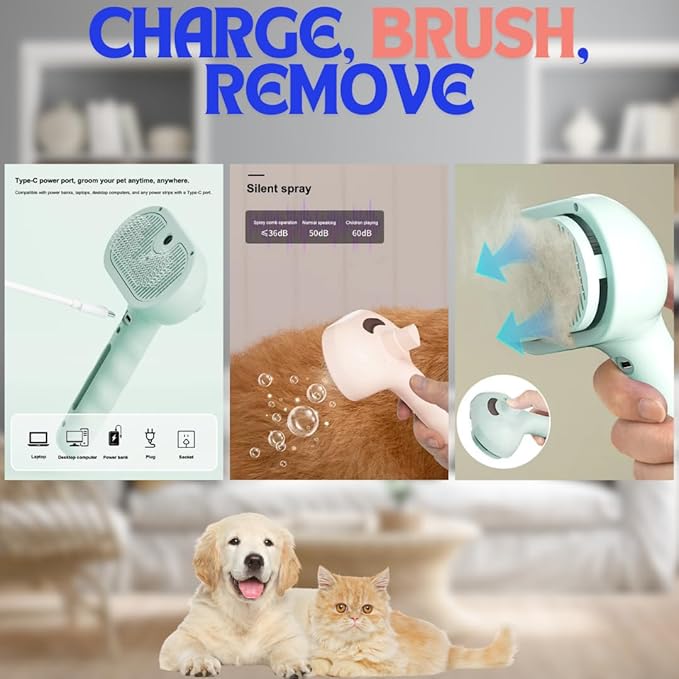Pet Steam Brush for Cats Dogs, 3-in-1 Cat Grooming Tool with Water Spray and Quick Hair Release Button, Hair Removal Comb for Shedding, Steamy Brush (Geen)