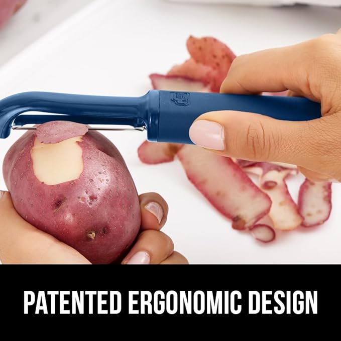 GORILLA GRIP Patented BPA-Free Sharp Stainless Steel Dual Swivel Vegetable Peeler, Soft Comfortable Handle, Smoothly Peel Apples, Potatoes, Carrots, Includes Blade Cover, Kitchen Tool Peelers, Blue