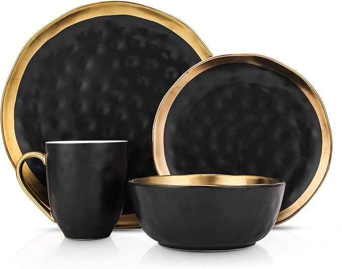 Stone Lain Florian Modern Porcelain Dish Set, 32-Piece Dishes for 8, Gold and Black
