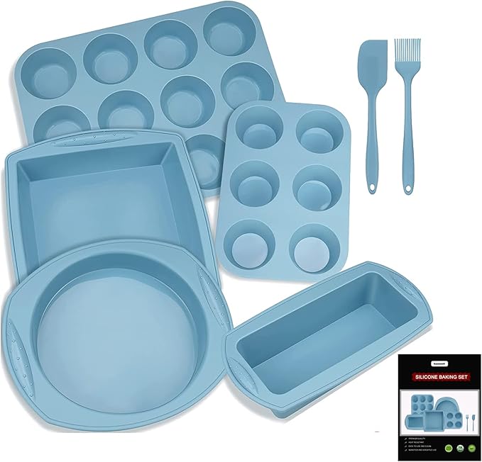7in1 Silicone Bakeware Baking Set, Kitchen Bake Pans Molds Tray for Oven with BPA Free Round/Square Cake Pan, Loaf Pan, Muffin Pan for Bread Pizza Cheesecake Cupcake Pie Desserts