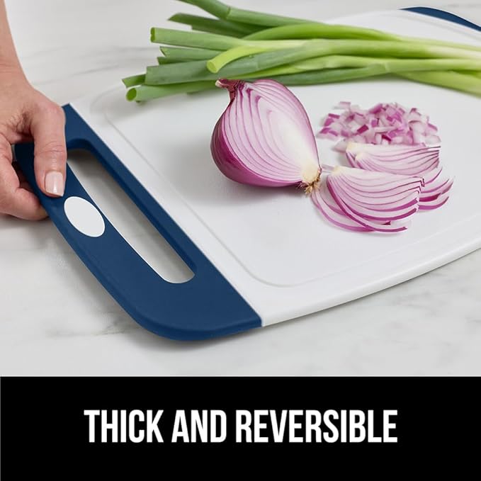 GORILLA GRIP BPA-Free Reversible Kitchen Cutting Board Set of 3, US Designed, Nonporous, Juice Grooves Catch Liquid, Slip Resistant Border, Dishwasher Safe, Durable Large Food Chopping Boards, Blue