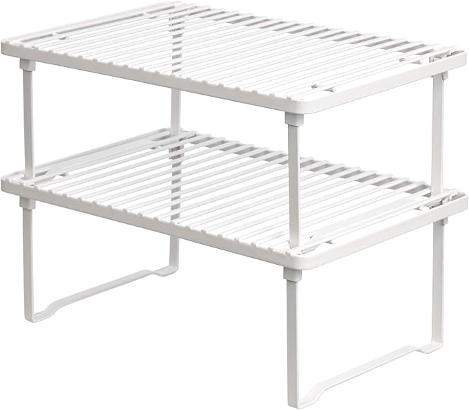 Amazon Basics Space-Saving Stackable Metal Kitchen Cabinet Organizer Shelves for Dishes, Pantry Organization, 12.5" L x 8" D x 4.5" H, Set of 2, White
