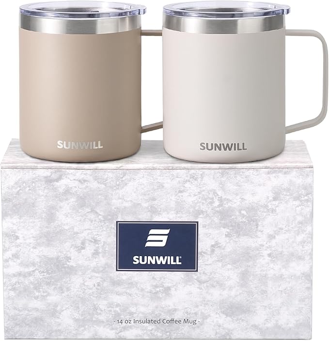 SUNWILL Travel Coffee Mug Set of 2, Insulated Tumbler with Lid, 14oz Stainless Steel Cup with Handle for Camping, Office, Home, Powder Coated Cream & Taupe
