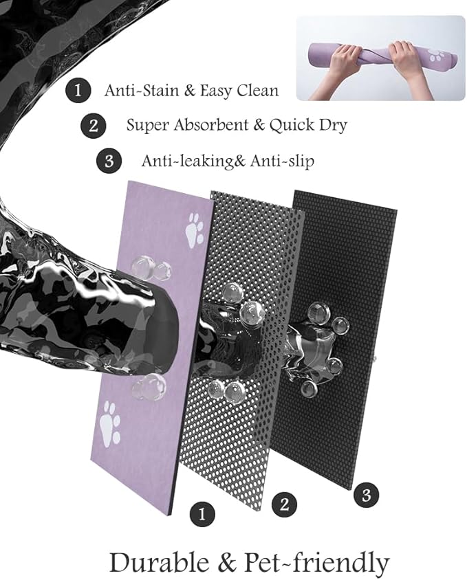 Pet Feeding Mat-Absorbent Dog Mat for Food and Water Bowl-No Stains Quick Dry Water Dispenser Mat-Dog Accessories Pet Supplies-Bowl for Messy Drinkers（Purple,12"x19"