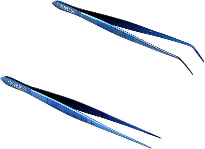 O'Creme Blue Stainless Steel Precision Kitchen Culinary Fine-Tip Tweezer Tongs, 1 Curved and 1 Straight