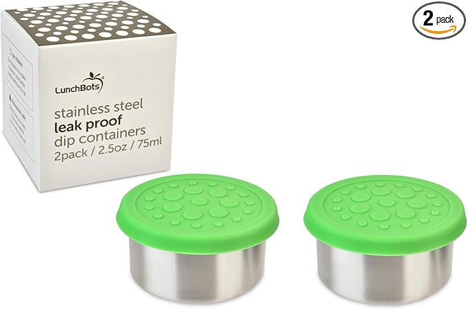 LunchBots 2.5 oz Stainless Steel Dressing Container for Condiments, Dips, Snacks, Dipping Sauce Cups with Silicone Lid, Fits in Lunch Bags and Bento Boxes - Set of 2 (Green)