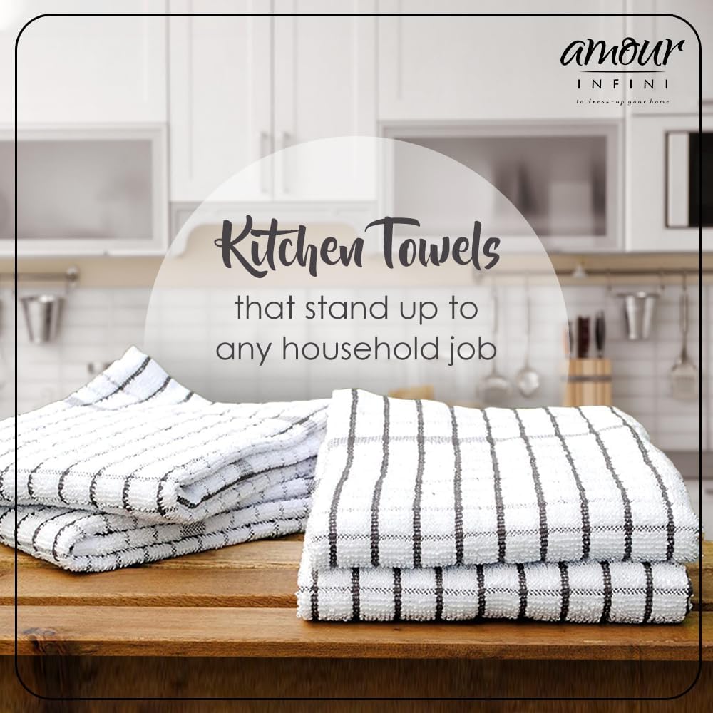 AMOUR INFINI Kitchen Towels Set of 4 - Highly Absorbent, Super Soft Terry Cotton 20x28 Inch Dish Towels with Hanging Loop - Hand & Tea Towels for Cleaning & Drying Dishes (D.Grey)