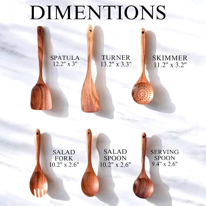 6-Piece Wooden Utensil Set – Premium Teak Wood Cooking Spoons & Spatulas, Non-Stick, Heat-Resistant, Durable & Eco-Friendly Kitchen Tools for Cooking & Serving