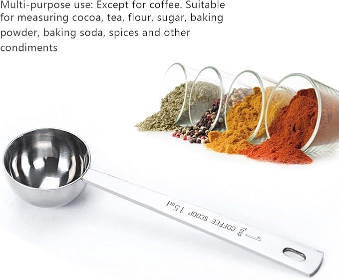 2-piece stainless steel tablespoon measure spoon, coffee scoop 1 tablespoon, long handle coffee scoop suitable for coffee powder and coffee making (silver-2pcs-15ml)