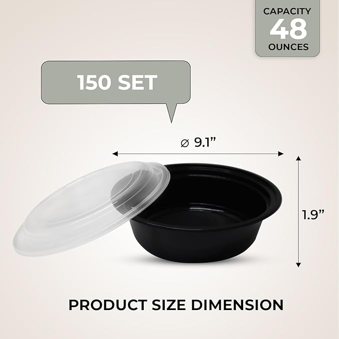 Klex 32 Oz, 50 Sets Meal Prep Containers with Airtight Lids, BPA Free, Reusable Plastic Food Container, 32 oz, Round, Black/Clear, 50 Sets