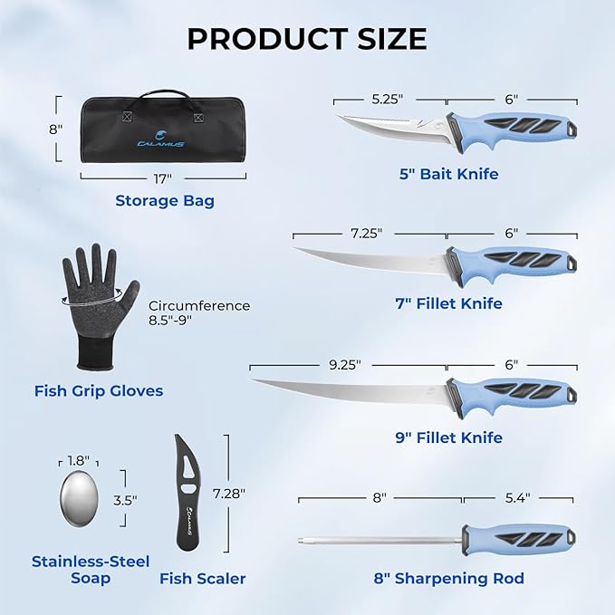 Calamus SwiftGlide Fillet Knife Kit Combo, Fishing Bait Knife and Filet Knives, G4116 German Stainless-steel Blades, Non-slip Handle, Fish Scaler, Non-slip Grip Gloves, Sharpening Rod, Storage Bag