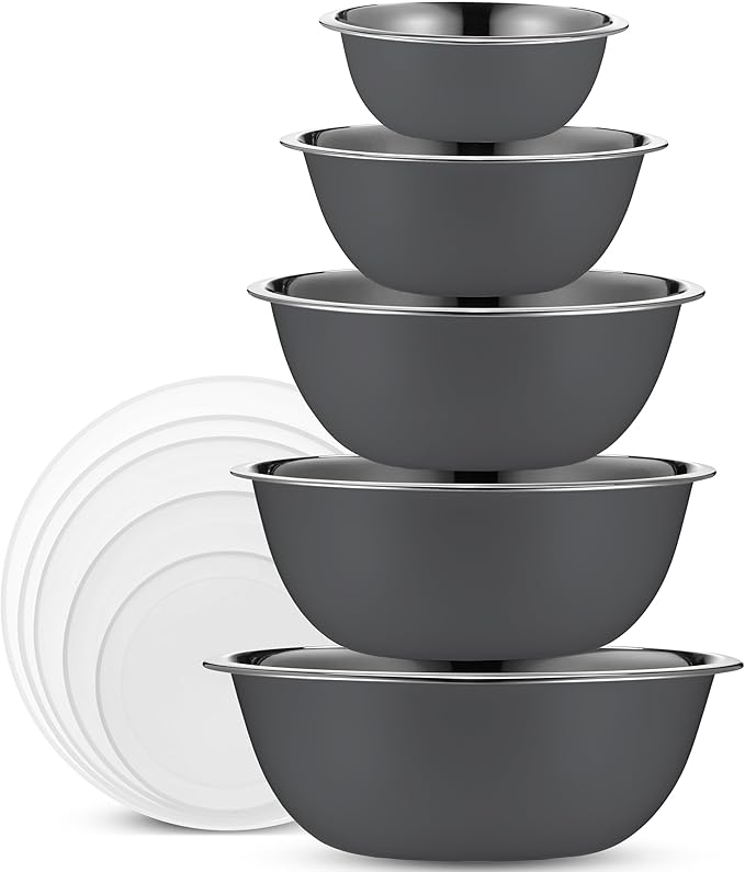 WHYSKO Stainless Steel Mixing Bowl Set, 10 Piece Stainless Steel Mixing Bowls with Lids Set for Food Prep Storage and Serving, Dishwasher Safe for Kitchen Baking Cooking, Grey
