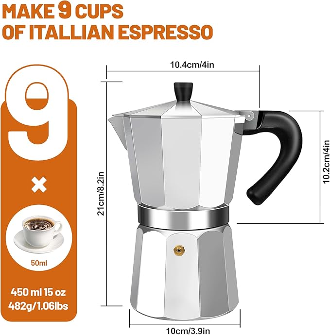 9 Cup Aluminum Espresso Stovetop Moka Pot Express Coffee Maker Percolator Italian Classic Mocha Coffee Machine for Italian and Cuban Cafe Brewing for Home & Camping 450ml 15oz