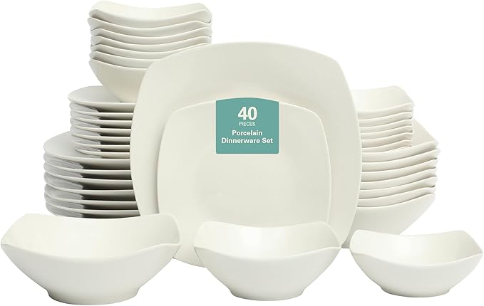 Gibson Home Brentwood 40-Piece Dinnerware Set – Square White Porcelain Plates and Bowls, Service for 8, Dishwasher & Microwave Safe, Modern Everyday Dinner Set with Cereal, Dessert, and Entrée Bowls