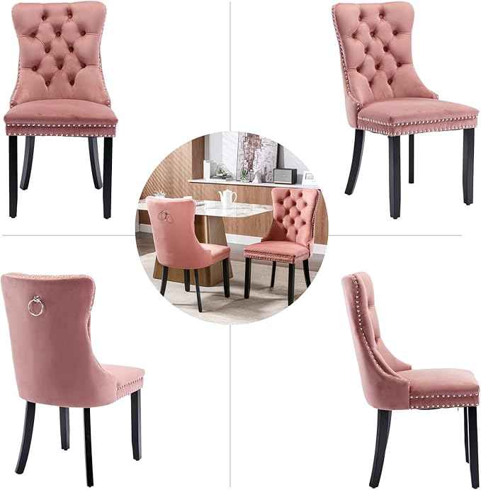 Pink Velvet Dining Chairs Set of 2, Upholstered Dining Room Chairs with Back Ring Pull Trim and Solid Wood Legs, Tufted Wingback Kitchen Chairs for Dining Room,Living Room,Kitchen(Pink)