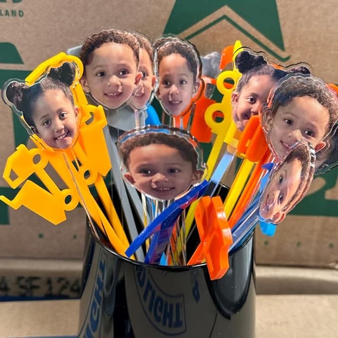 Personalized Pack 50pcs Printed Face Stir Sticks, Dog/Cat/Face/Logo Acrylic Drink Stirrers, Custom Big Head with Your Photo Drink Stirrers, Decor For Parties Birthday Graduation, Baby Face Photos