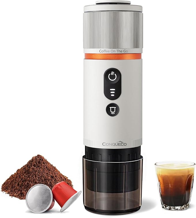CONQUECO Portable Espresso Coffee Machine: 12V Electric Small Travel Expresso Maker - Self Heating 8 Cups Battery Powered Compatible for Nespresso Capsule - for Camping RV Hiking Office (Pearl White)