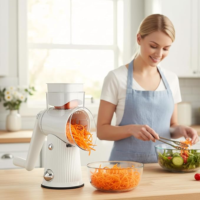 TOPAA Rotary Cheese Grater with Handle Vegetable Shredder with 5 Blades, Round Mando line Slicer and Food Chopper for Kitchen (White)