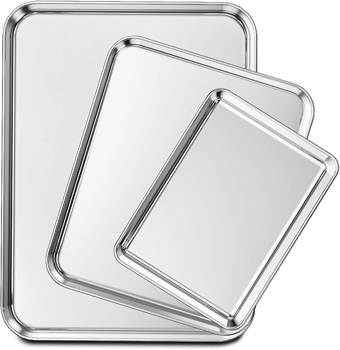 Wildone Baking Sheet Set of 3, Stainless Steel Cookie Sheet Cooking Sheet Pan for Baking & Roasting, 9/12/16 Inch, Non Toxic & Heavy Duty & Easy Clean
