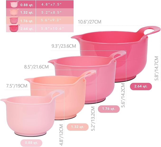 BoxedHome 4 Pack Nesting Mixing Bowl with Pour Spout and Handle, BPA free Microwave & Dishwasher Safe(Pink Gradient, 4 Pack with Handle)
