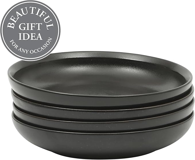 Gibson Elite Beckett 4-Piece 9 Inch Dinner Plate Bowl Set – Reactive Glaze Stoneware – Shallow Serving Pasta Bowls (Blate) – Round Wide-Rim Design – Microwave & Dishwasher Safe - Black