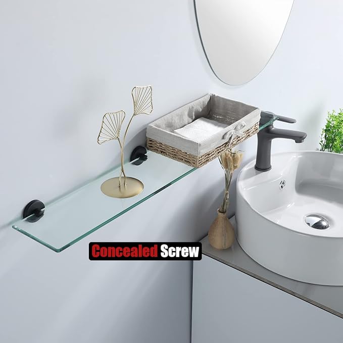 JQK Bathroom Glass Shelf Black, Tempered Glass Shower Storage 30 by 5 inches, 304 Stainless Steel Matte Black Wall Mount, TGS101L30-PB