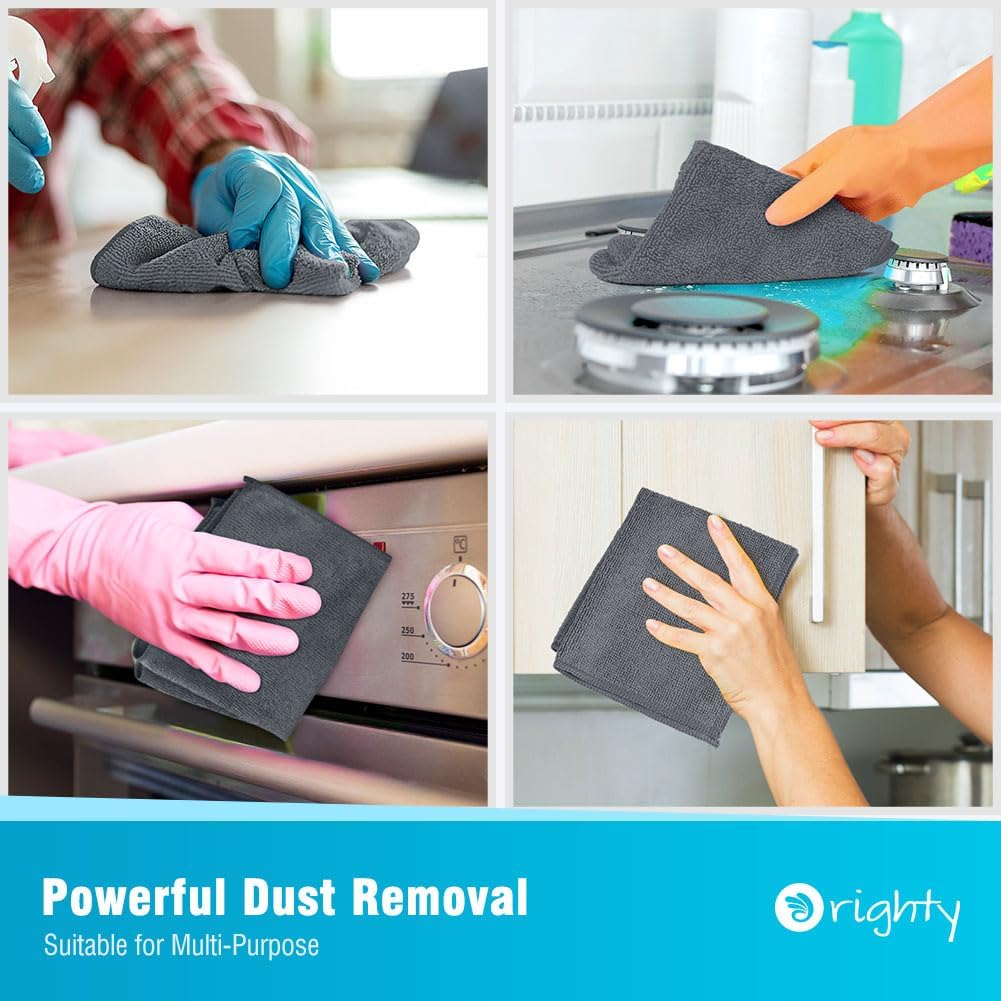 Orighty Microfiber Cleaning Cloth, 12 Pack Highly Absorbent Cleaning Supplies, Lint Free Cloths for Multiple-use, Powerful Dust Removal Clean Rags for House, Kitchen, Car Care(12x12 inch) Grey