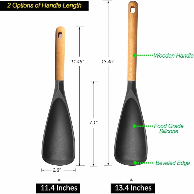 VOVOLY Cooking Spoon for Nonstick Cookingwares, Silicone Spoon Spoon for Mixing, Scoop, and Scrape, Black (13.4''+11.4" Black 2-Pack)