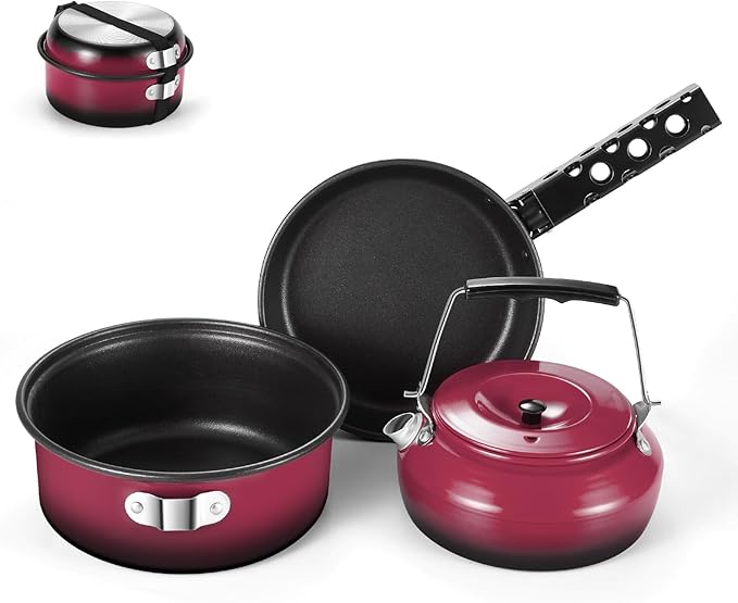 Odoland 5pcs Camping Cookware Non-Stick Camping Pot and Pan Set with Kettle and Removable Handle for Hiking Backpacking and Picnic