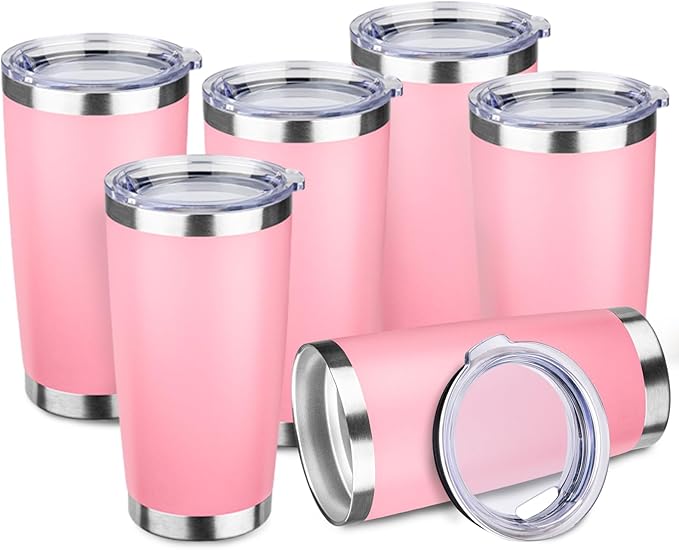 StarSpeed 20oz Tumbler Bulk with Lid, Stainless Steel Insulated Tumblers Double Wall Vacuum Insulated Travel Mug, Powder Coated Coffee Cups for Hot and Cold Drinks(Lght Pink,6)