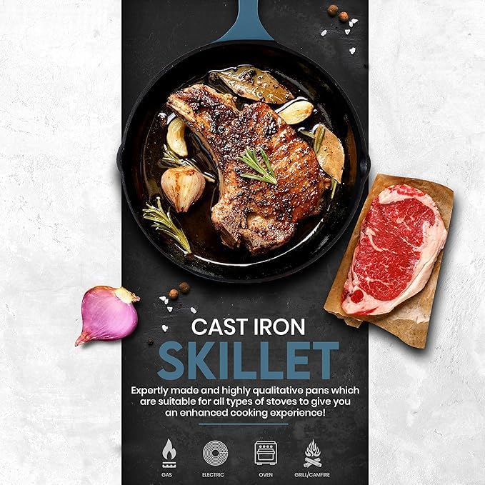 Utopia Kitchen Saute Frying Pan 3 Piece Set, Cast Iron Chefs Pan, Pre Seasoned Cast iron Skillets, 6, 8 & 10 Inches, Easy Use in the Oven, Stove, Grill, or Campfire, Teal