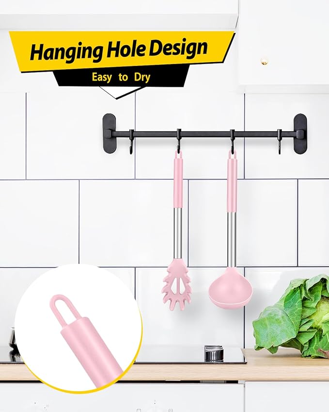 Silicone Pasta Fork and Ladle Spoon Set, Large Non Stick Kitchen Utensils for Cooking,Stirring,Serving Spaghetti, Soup, Sauce (PINK)