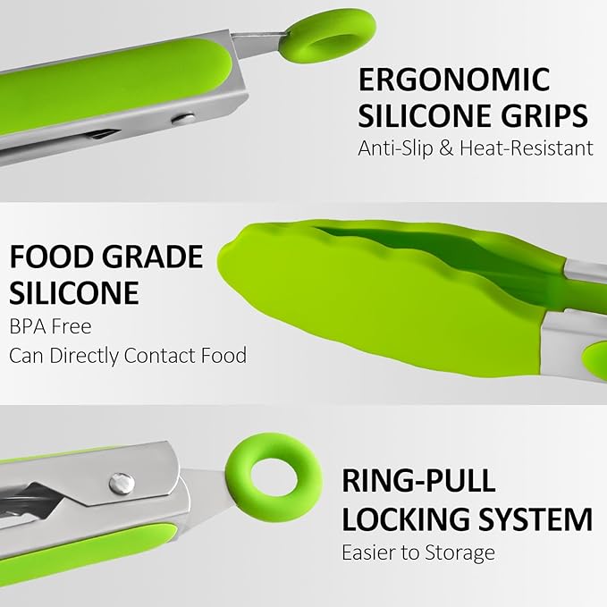 9 Pieces Silicone Tongs for Cooking 7,9,12 inches Kitchen Tongs with Silicone Tip Stainless Steel Heat Resistant Cooking Tongs for Food Grill Salad BBQ Frying and Serving, 3 Color