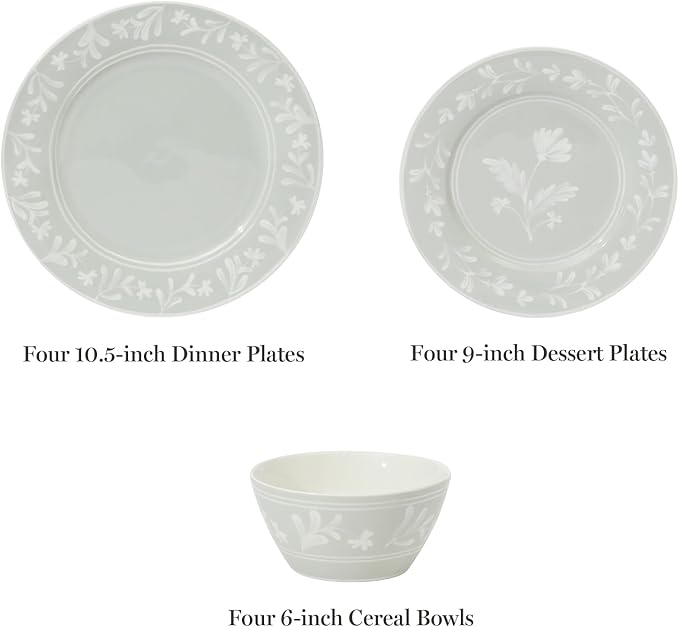 Martha Stewart Maiden Crown 12-Piece Sage Green Dinnerware Set – Vegan Bone China Ceramic Plates & Bowls – Floral Design – Service for 4 – Microwave & Dishwasher Safe