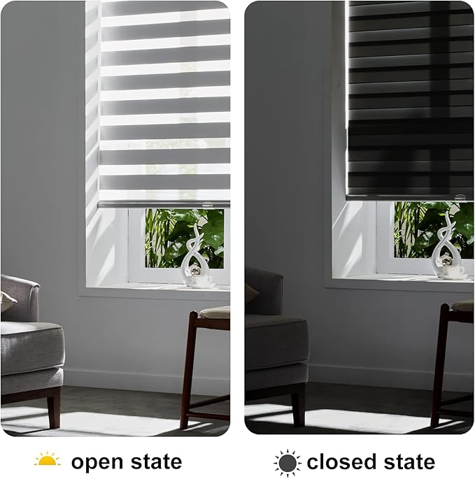 Persilux Cordless Zebra Blinds for Windows Free-Stop Roller Shades (71" W X 72" H, Grey) Dual Layer Light Cintrol for Day and Night, Light Filtering Sheer Shades for Home, Easy to Install